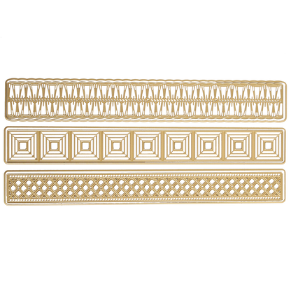 The Create Spring 12" Border Dies set includes three gold rectangular borders with unique geometric patterns—zigzag, square outline, and diamond lattice—ideal for scrapbooks or cards and arranged horizontally.