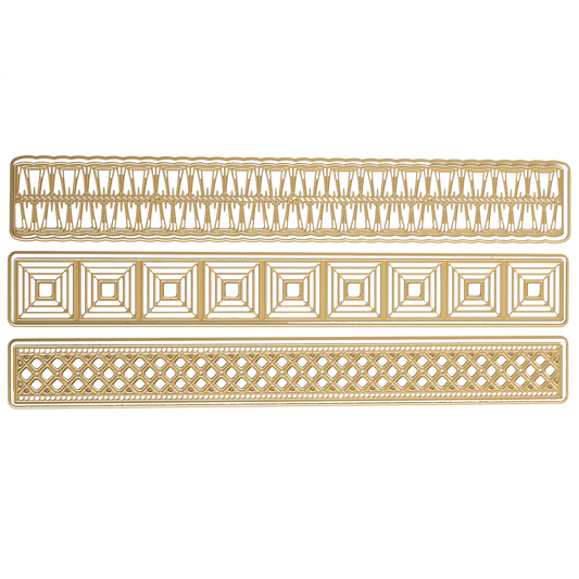 The Create Spring 12" Border Dies set includes three gold rectangular borders with unique geometric patterns—zigzag, square outline, and diamond lattice—ideal for scrapbooks or cards and arranged horizontally.