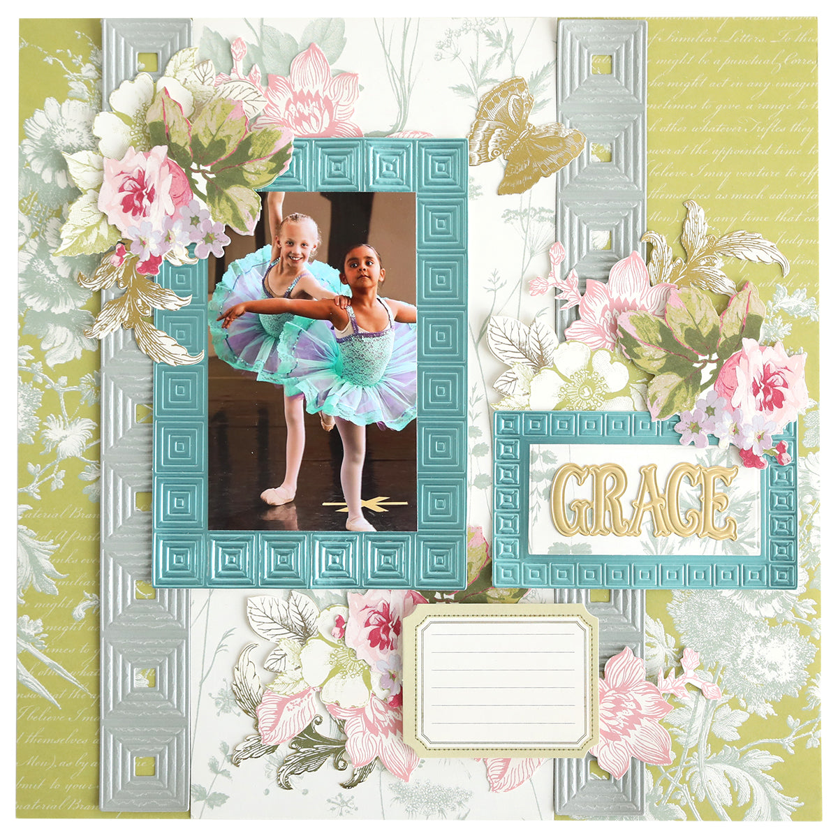 Two young ballerinas in vibrant tutus dance on stage, set in a floral scrapbook layout highlighted by Create Border, Frame and Shape Dies, the word "GRACE," and a blank label for your personalized message.