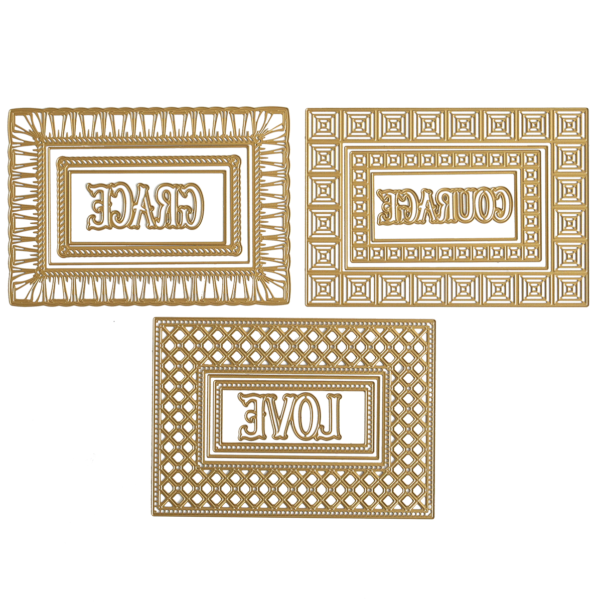 Three rectangular plaques, each with a reversed word—Grace, Courage, or Love—feature ornate gold borders crafted using Create Spring Frame Dies.