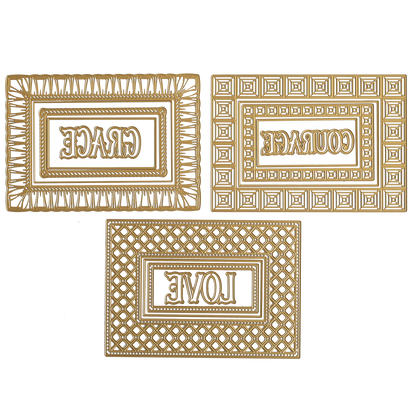 Three rectangular plaques, each with a reversed word—Grace, Courage, or Love—feature ornate gold borders crafted using Create Spring Frame Dies.