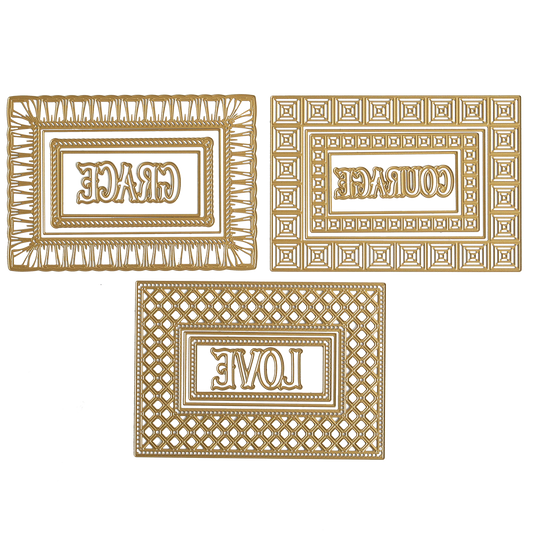 Three rectangular plaques, each with a reversed word—Grace, Courage, or Love—feature ornate gold borders crafted using Create Spring Frame Dies.