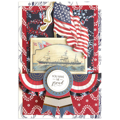 Handmade patriotic card with American flags, vintage ship art, and a "You Make Me Proud" badge on a red, white & blue floral background—ideal for the Patriotic Papercrafting Kit with Dies or other Americana crafts.