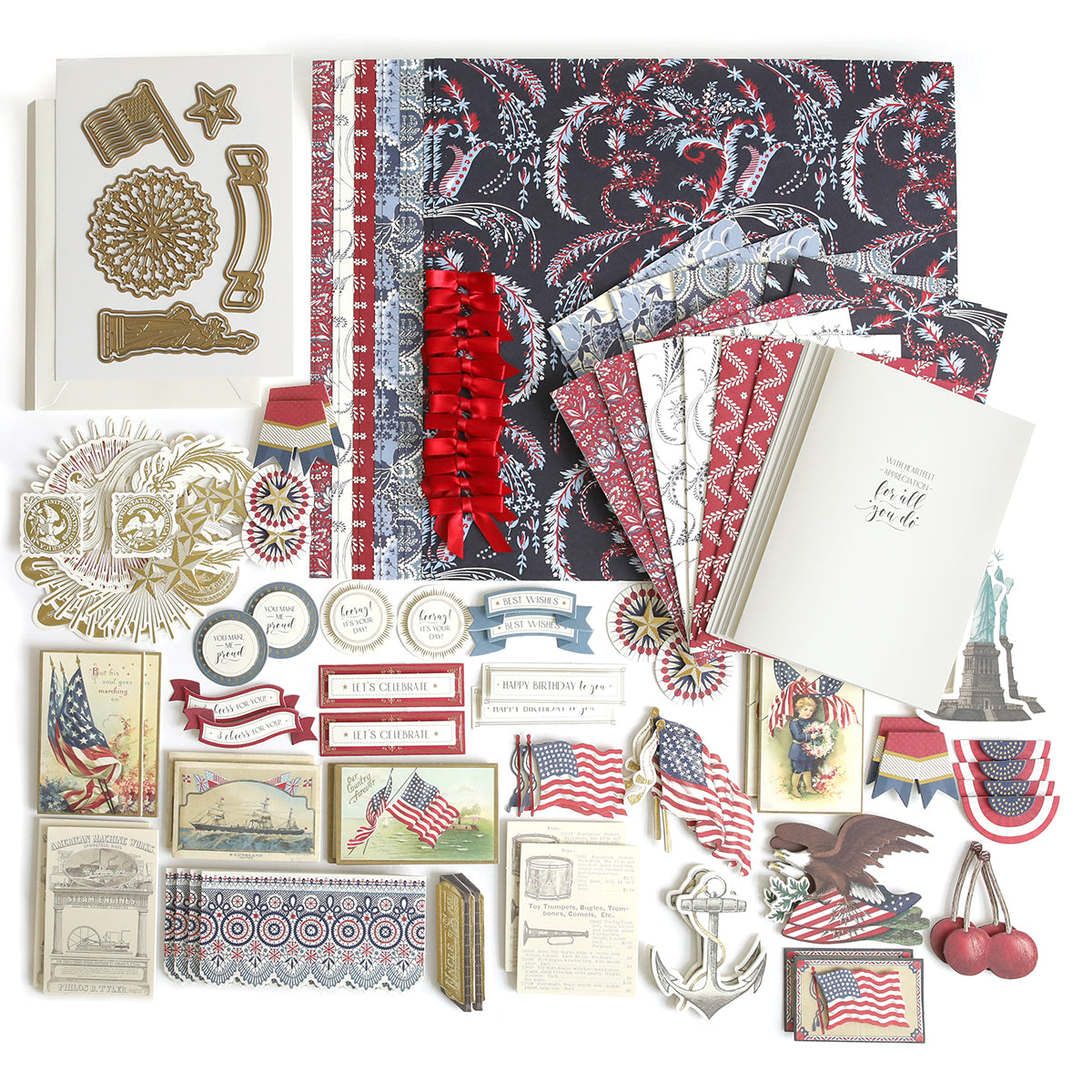 The Patriotic Papercrafting Kit with Dies includes Americana-themed papers, stickers, cards, ribbons, and embellishments featuring flags, eagles, and red-white-blue designs—perfect for patriotic scrapbooking projects.