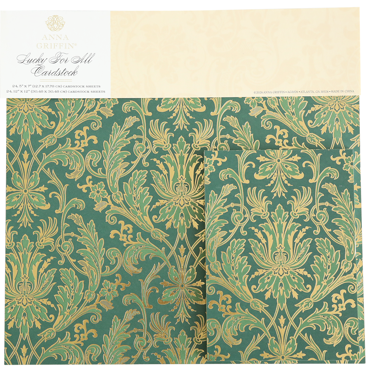Lucky for All Double Sided Cardstock features intricate gold foil floral and botanical patterns on green sheets, packaged under the label “Anna Griffin, Lucky For All, Cardstock.” Ideal for elegant scrapbook paper projects.