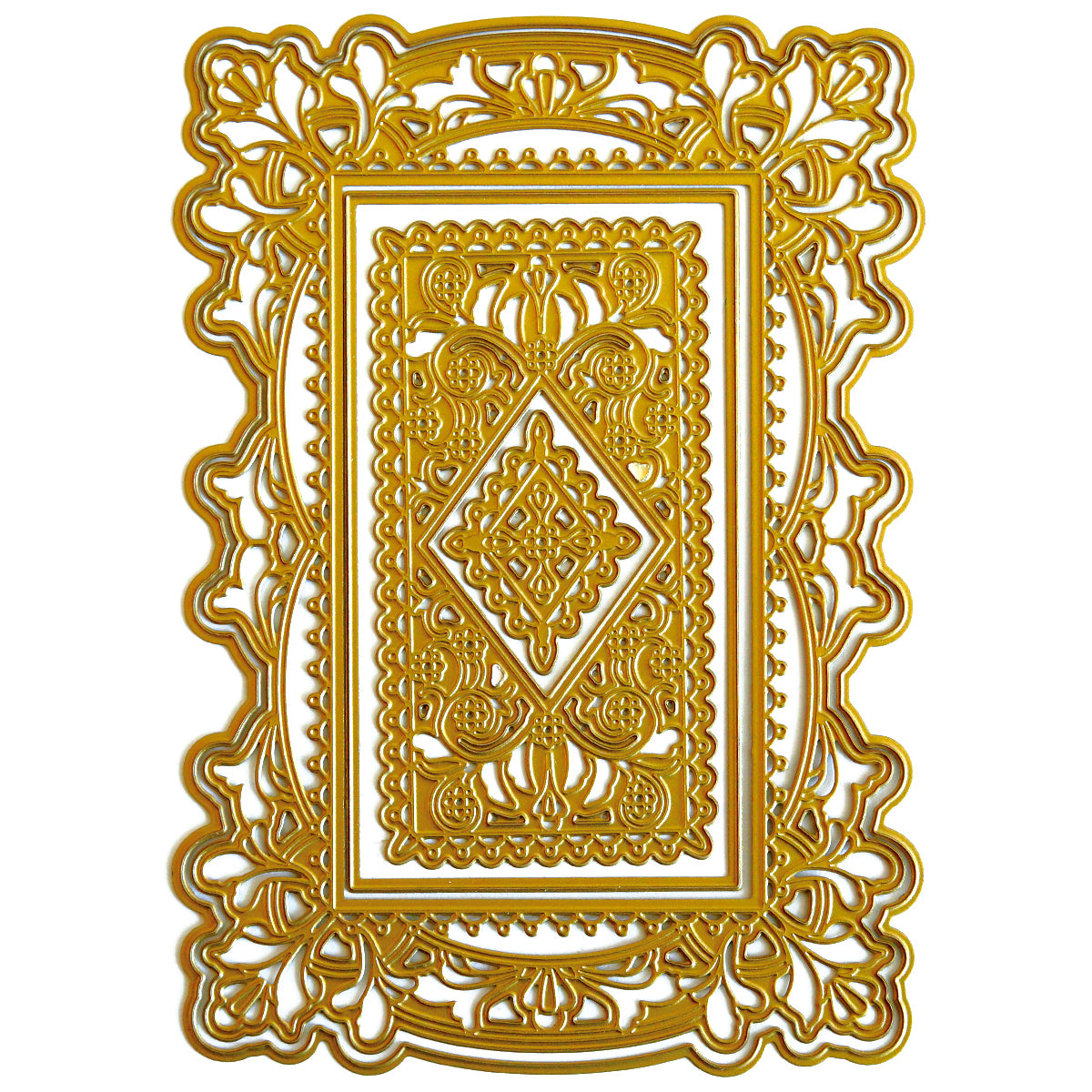 Add elegance to your projects with the Lotus Concentric Frames 3D Die Set—an ornate, rectangular gold frame featuring intricate, symmetrical cut-out designs, ideal for decorative die collections or papercrafting on a white background.