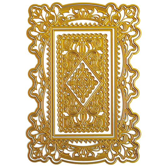 Add elegance to your projects with the Lotus Concentric Frames 3D Die Set—an ornate, rectangular gold frame featuring intricate, symmetrical cut-out designs, ideal for decorative die collections or papercrafting on a white background.