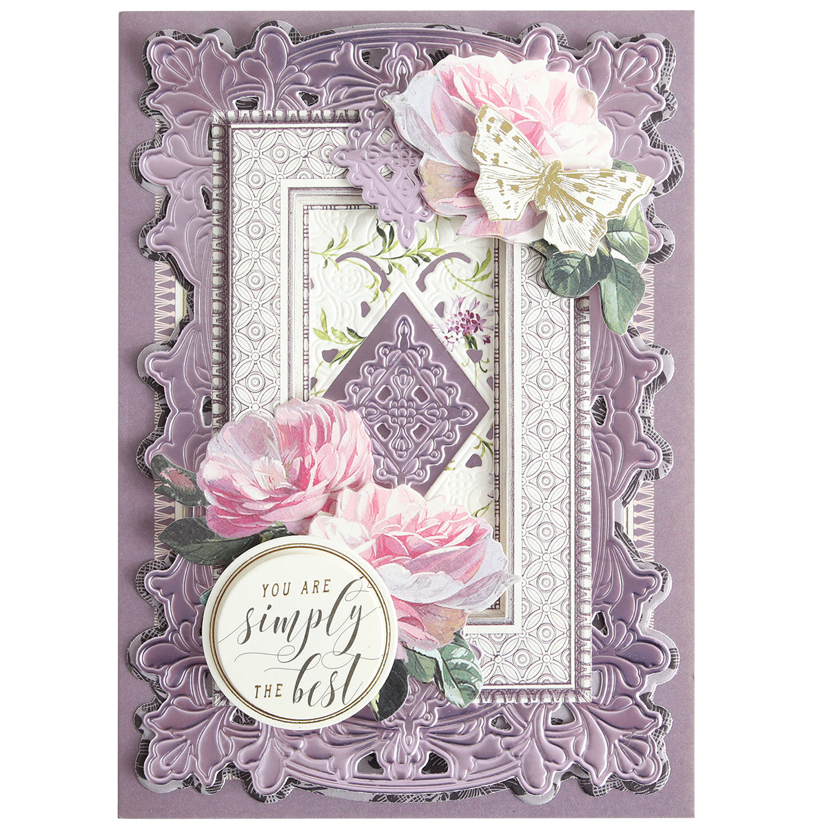 A decorative purple greeting card featuring layered frames made with the Lotus Concentric Frames 3D Die Set, accented by pink flowers, a gold butterfly, and a round "You are simply the best" label—ideal for papercrafting die enthusiasts.
