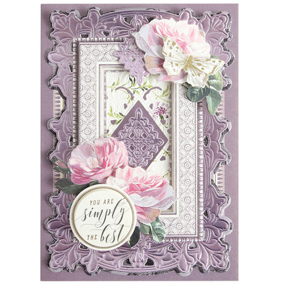 A decorative purple greeting card featuring layered frames made with the Lotus Concentric Frames 3D Die Set, accented by pink flowers, a gold butterfly, and a round "You are simply the best" label—ideal for papercrafting die enthusiasts.