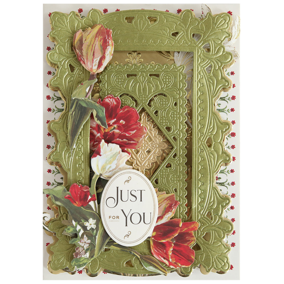 Greeting card with ornate gold embossed frame, red and white flowers, and “Just For You” label—beautifully accented using the Lotus Concentric Frames 3D Die Set for an elegant papercrafting finish.