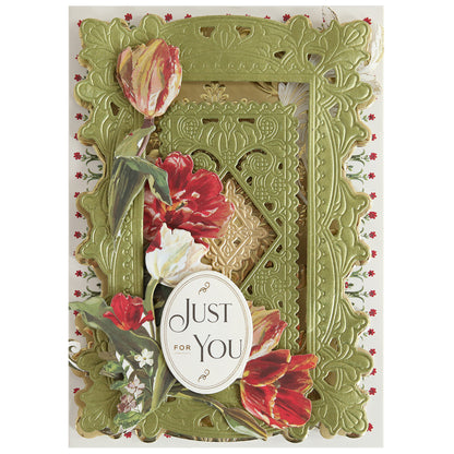 Greeting card with ornate gold embossed frame, red and white flowers, and “Just For You” label—beautifully accented using the Lotus Concentric Frames 3D Die Set for an elegant papercrafting finish.