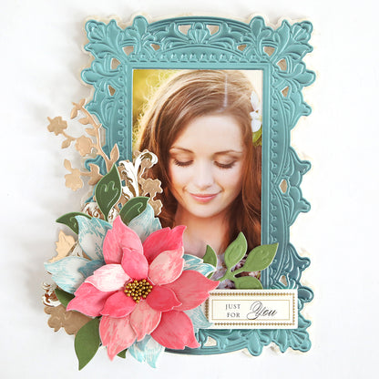 A decorative photo frame made with the Lotus Concentric Frames 3D Die Set features a portrait of a woman with long hair, a large pink flower, and a "JUST FOR You" tag—perfect for unique papercrafting projects.