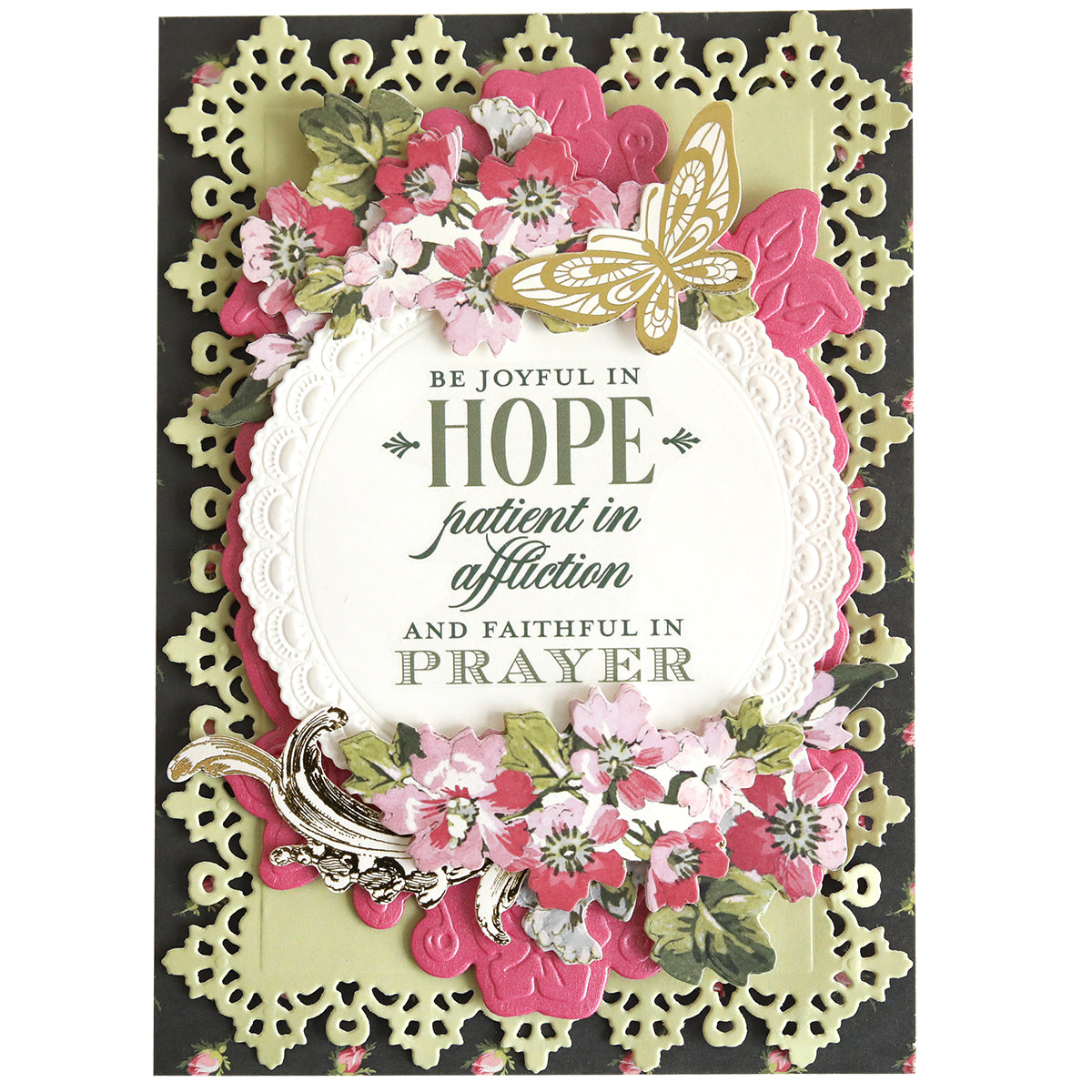 Prayer Sentiment Rub On Transfers feature floral and butterfly designs with the message: "Be joyful in hope, patient in affliction, and faithful in prayer." Ideal for sympathy cards or heartfelt encouragement.