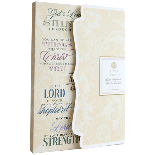 A decorative encouragement card featuring inspirational Bible verses in colorful fonts, partially tucked in a cream patterned envelope—a perfect match for sympathy cards or Prayer Sentiment Rub On Transfers.