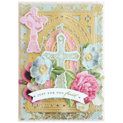 Decorative card with gold and pastel patterns, elegant crosses, florals, and a "Just for you friend" banner. Ideal for faith crafts or pairing with Cross Stamps and Dies.