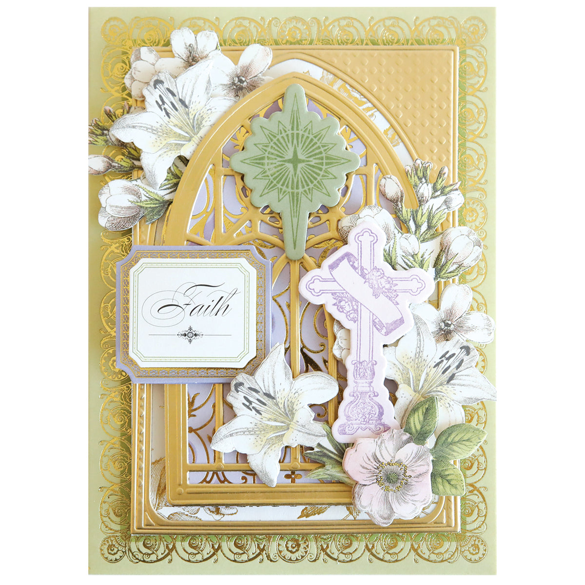 The Cross Stamps and Dies set features gold accents, white lilies, a green starburst, and a lavender cross with a "Faith" label—ideal for faith-inspired crafts or trying fresh ideas for cross designs.