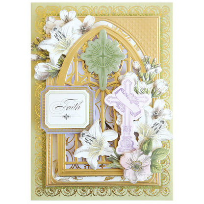 The Cross Stamps and Dies set features gold accents, white lilies, a green starburst, and a lavender cross with a "Faith" label—ideal for faith-inspired crafts or trying fresh ideas for cross designs.