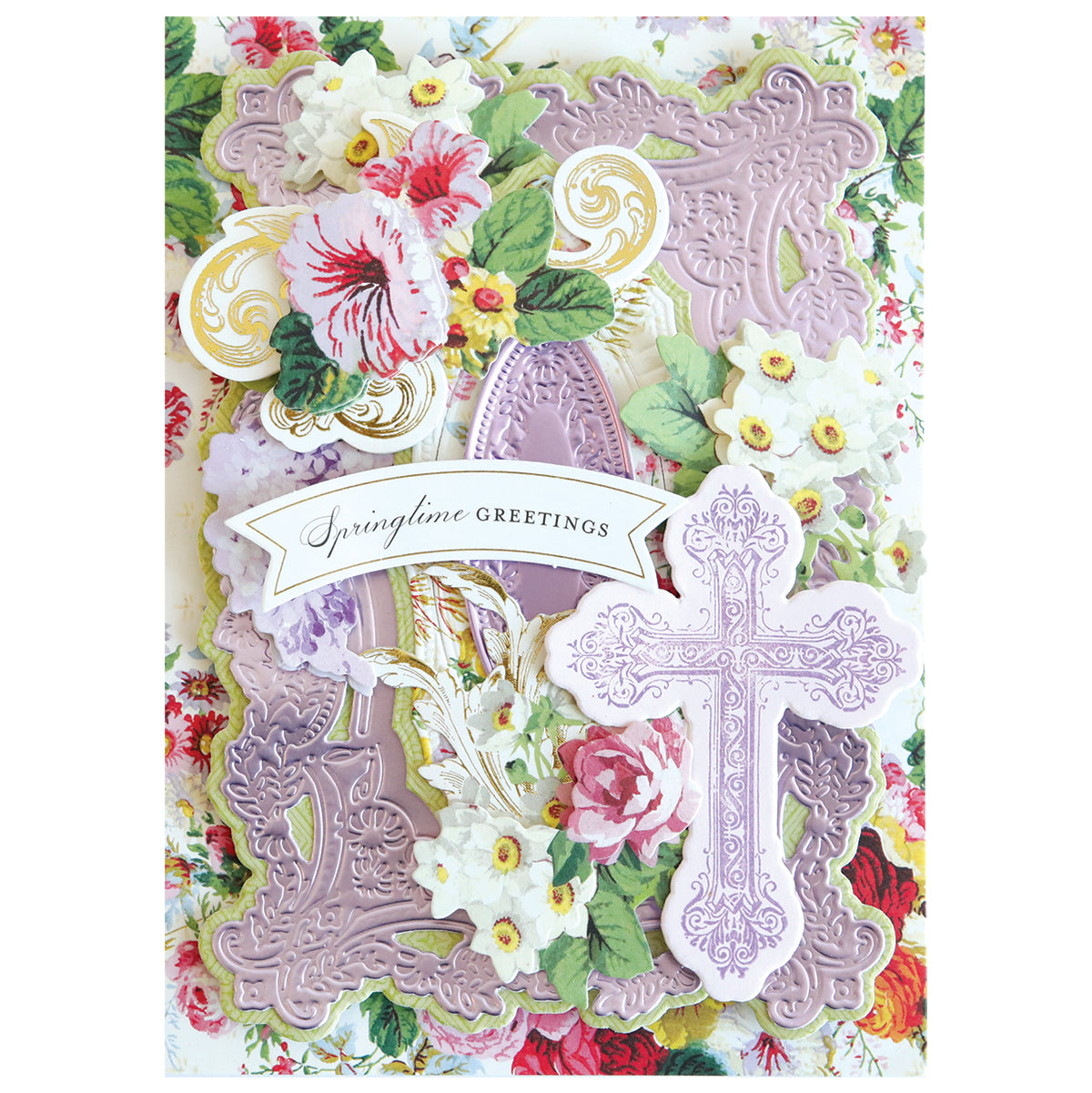 Add a touch of handmade inspiration to your crafts with Cross Stamps and Dies—featuring purple cross designs, floral patterns, and a "Springtime Greetings" banner on a floral background. Perfect for faith-based projects.