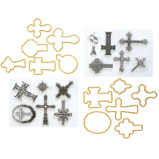 Cross Stamps and Dies—ornate silver cross pendants with matching gold outline templates—perfect for faith crafts, displayed on a white background.