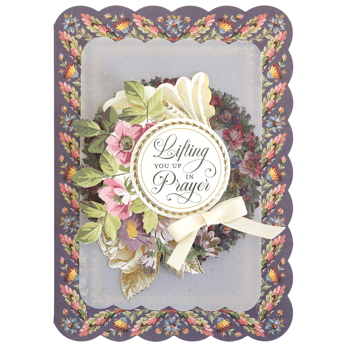 The Simply Sympathy Card Making Kit includes a floral greeting card with scalloped edges, “Lifting You Up in Prayer” message, and a cream ribbon—ideal for card makers or creating handmade sympathy cards.
