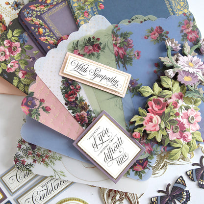 The Simply Sympathy Card Making Kit includes handmade cards, decorative envelopes, and labels with messages like “With Sympathy” and “At a very difficult time”—ideal for thoughtful card making.