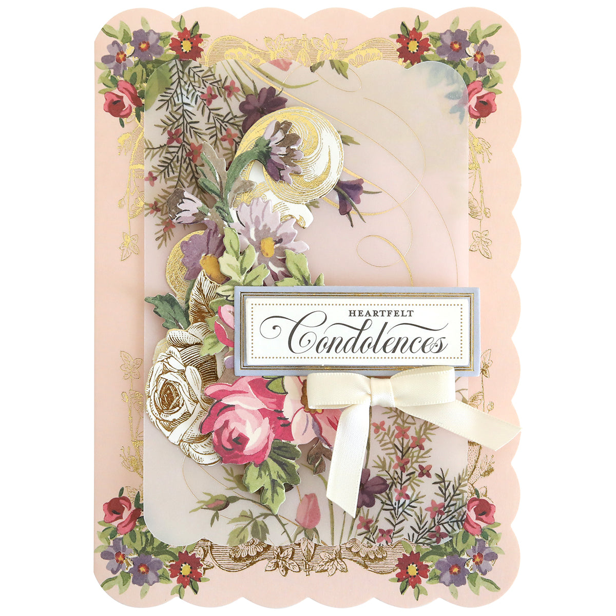 The Simply Sympathy Card Making Kit features a floral card with gold accents, a cream bow, and "Heartfelt Condolences" text—ideal for handmade sympathy cards or adding to your card making supplies.