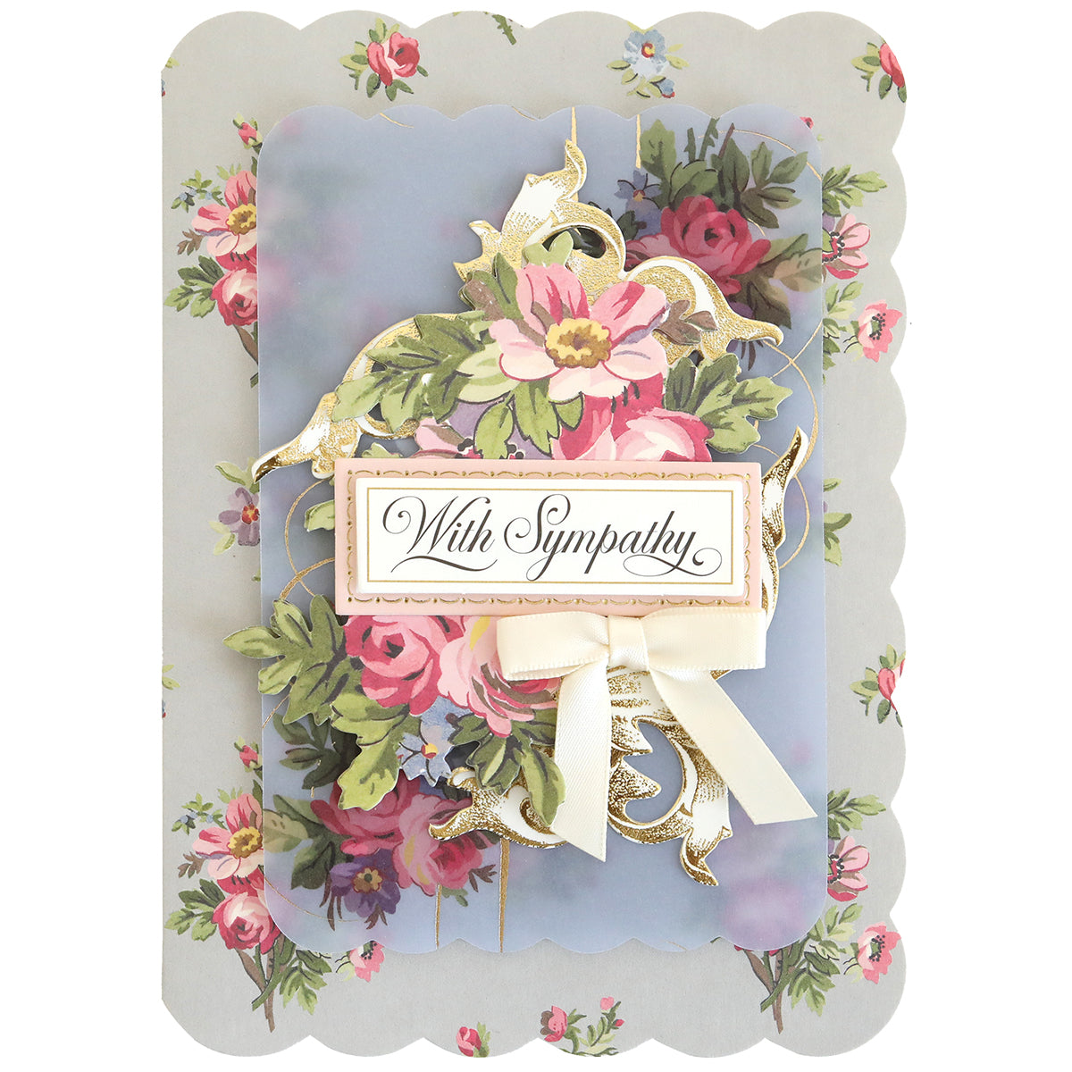 The Simply Sympathy Card Making Kit includes floral patterns, scalloped edges, a "With Sympathy" message, cream ribbon, and layered flower designs—ideal for fans of handmade sympathy cards or card making supplies.