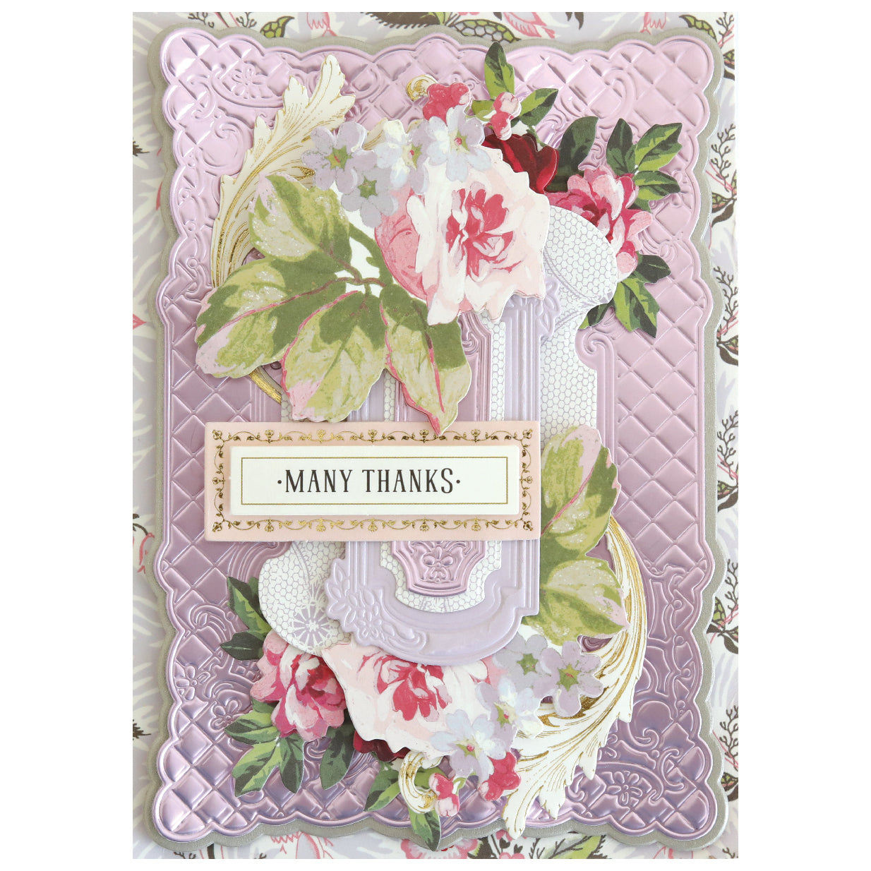 Greeting card with "Many Thanks," adorned with pink and white flowers, gold accents, and a detailed lavender background featuring dimensional frames made using the Floral Lattice Frame 3D Die Set.