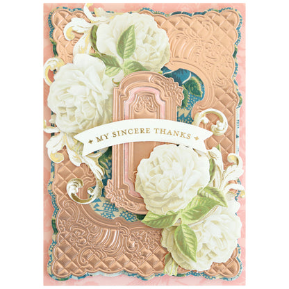 A decorative thank you card featuring embossed metallic details, white flowers, green leaves, and a "My Sincere Thanks" banner, all accented with dimensional frames made using the Floral Lattice Frame 3D Die Set.