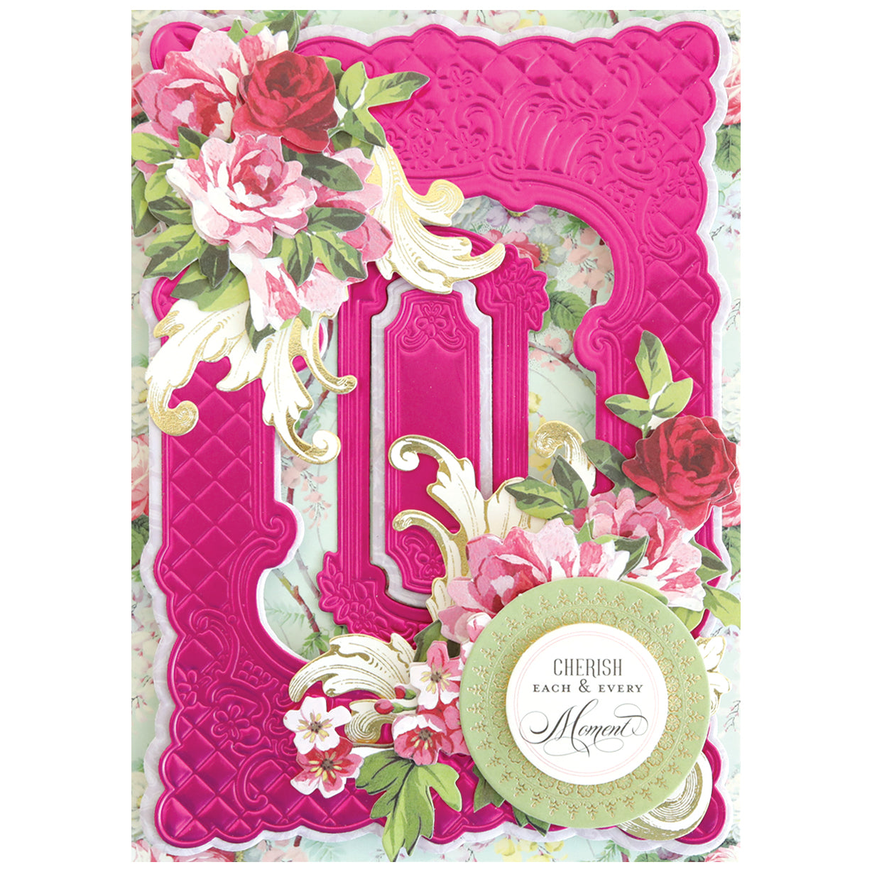 A decorative greeting card featuring ornate pink frames and elegant florals, made with the Floral Lattice Frame 3D Die Set, includes a circular label that says "Cherish each & every moment" for a beautifully dimensional look.