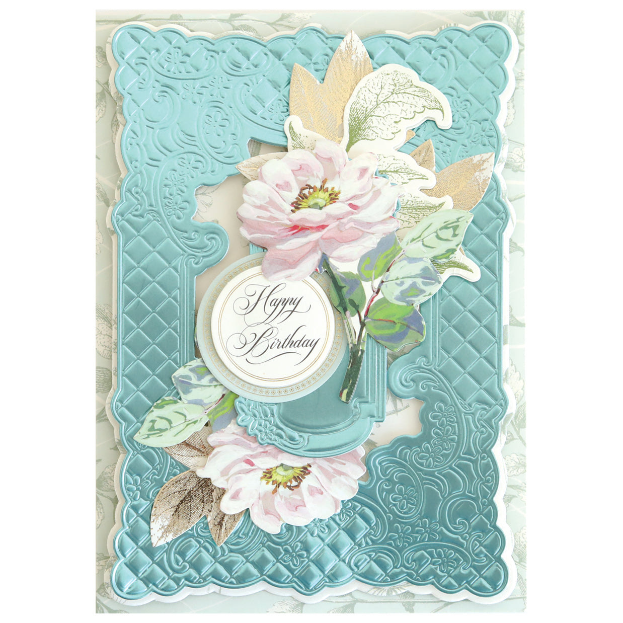 Handcrafted birthday card made with the Floral Lattice Frame 3D Die Set, featuring embossed blue background, dimensional frames, layered pink flowers, green leaves, and a central circular "Happy Birthday" in elegant script.