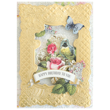 Create an ornate birthday card with the Floral Lattice Frame 3D Die Set—includes embossed gold accents, roses, a bird, butterfly, and "Happy Birthday to You" banner—ideal for adding dimensional floral frames.