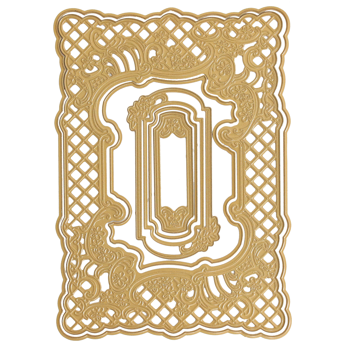 Gold-colored metal frame with ornate floral and lattice design and layered rectangular cutouts—perfect for creating dimensional frames using the Floral Lattice Frame 3D Die Set.