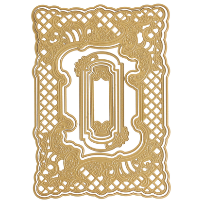 Gold-colored metal frame with ornate floral and lattice design and layered rectangular cutouts—perfect for creating dimensional frames using the Floral Lattice Frame 3D Die Set.