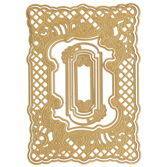 Gold-colored metal frame with ornate floral and lattice design and layered rectangular cutouts—perfect for creating dimensional frames using the Floral Lattice Frame 3D Die Set.