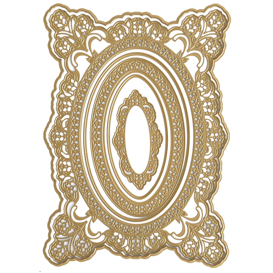 Floral Fretwork 3D Concentric Frames Dies: Ornate gold frame with intricate symmetrical patterns and an oval center, inspired by Floral Fretwork design, displayed on a plain white background.