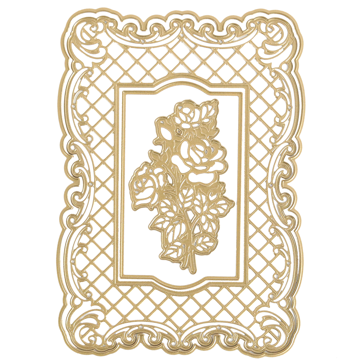 The Tufted Rose Concentric Frames 3D Die Set features an intricate gold rectangular frame with a layered lattice pattern, ornate border, and central bouquet of roses.