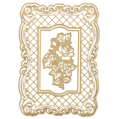 The Tufted Rose Concentric Frames 3D Die Set features an intricate gold rectangular frame with a layered lattice pattern, ornate border, and central bouquet of roses.