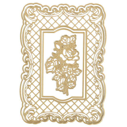 The Tufted Rose Concentric Frames 3D Die Set features an intricate gold rectangular frame with a layered lattice pattern, ornate border, and central bouquet of roses.