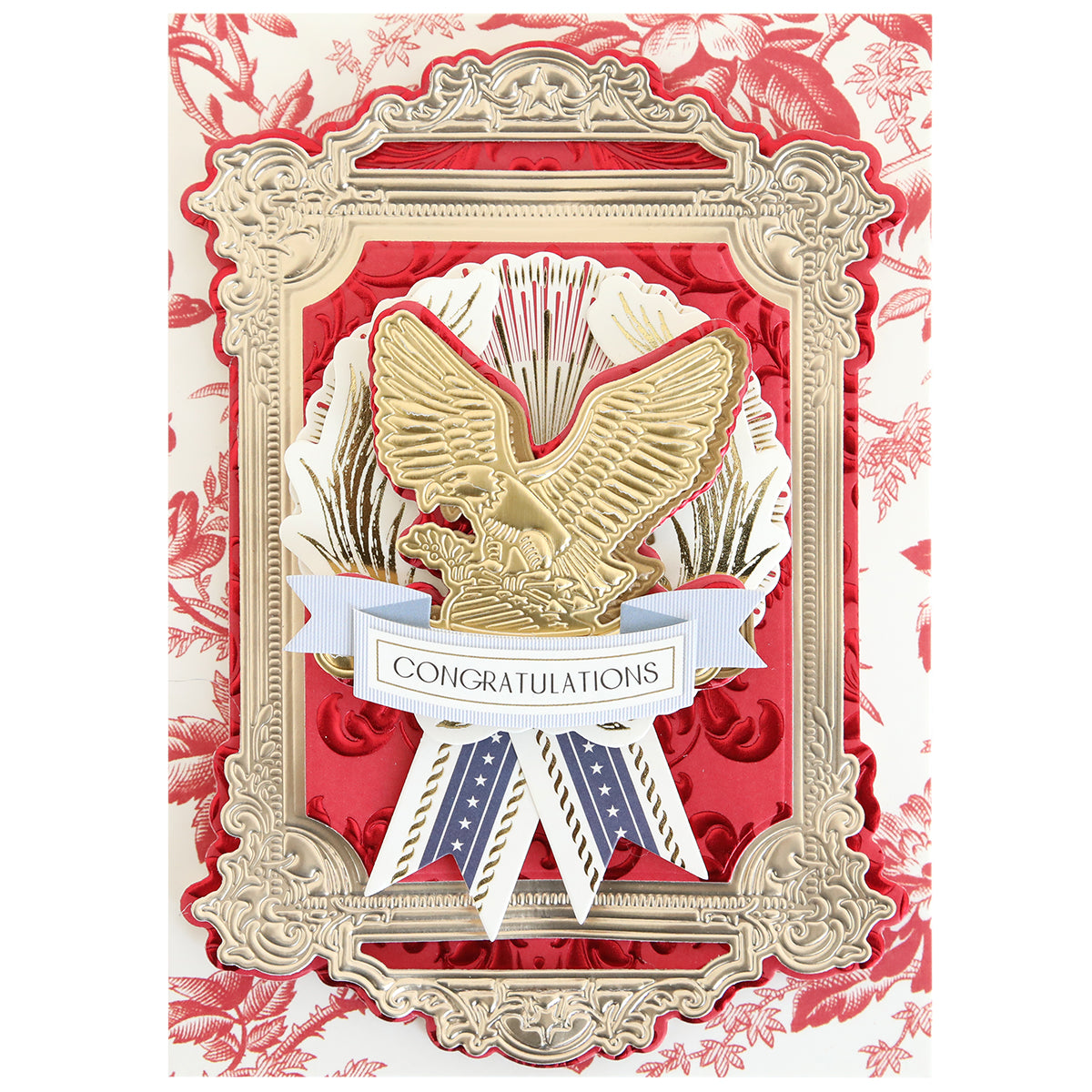 Greeting card featuring the Pretty Patriotic 3D Frame Die Set, designed with an ornate gold frame, raised gold eagle, and a "CONGRATULATIONS" banner on a red patterned background—ideal for paper craft enthusiasts.