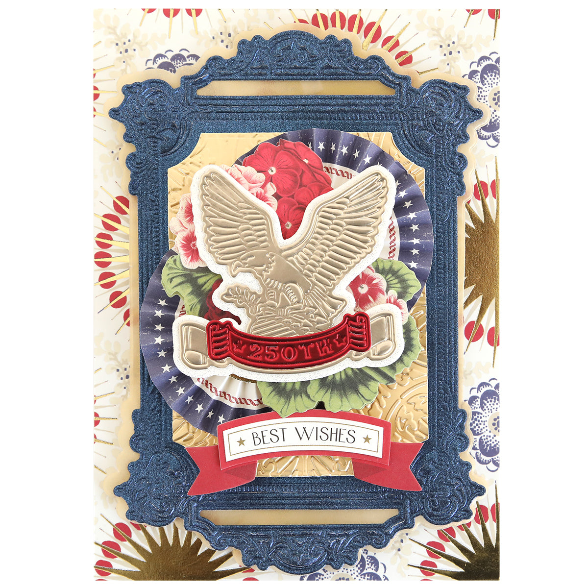 Create stunning patriotic paper crafts with the Pretty Patriotic 3D Frame Die Set, featuring an eagle, "250TH" red banner, floral and star accents, a "BEST WISHES" ribbon, and ornate blue and gold decorative frames.
