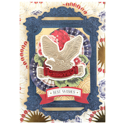 Create stunning patriotic paper crafts with the Pretty Patriotic 3D Frame Die Set, featuring an eagle, "250TH" red banner, floral and star accents, a "BEST WISHES" ribbon, and ornate blue and gold decorative frames.