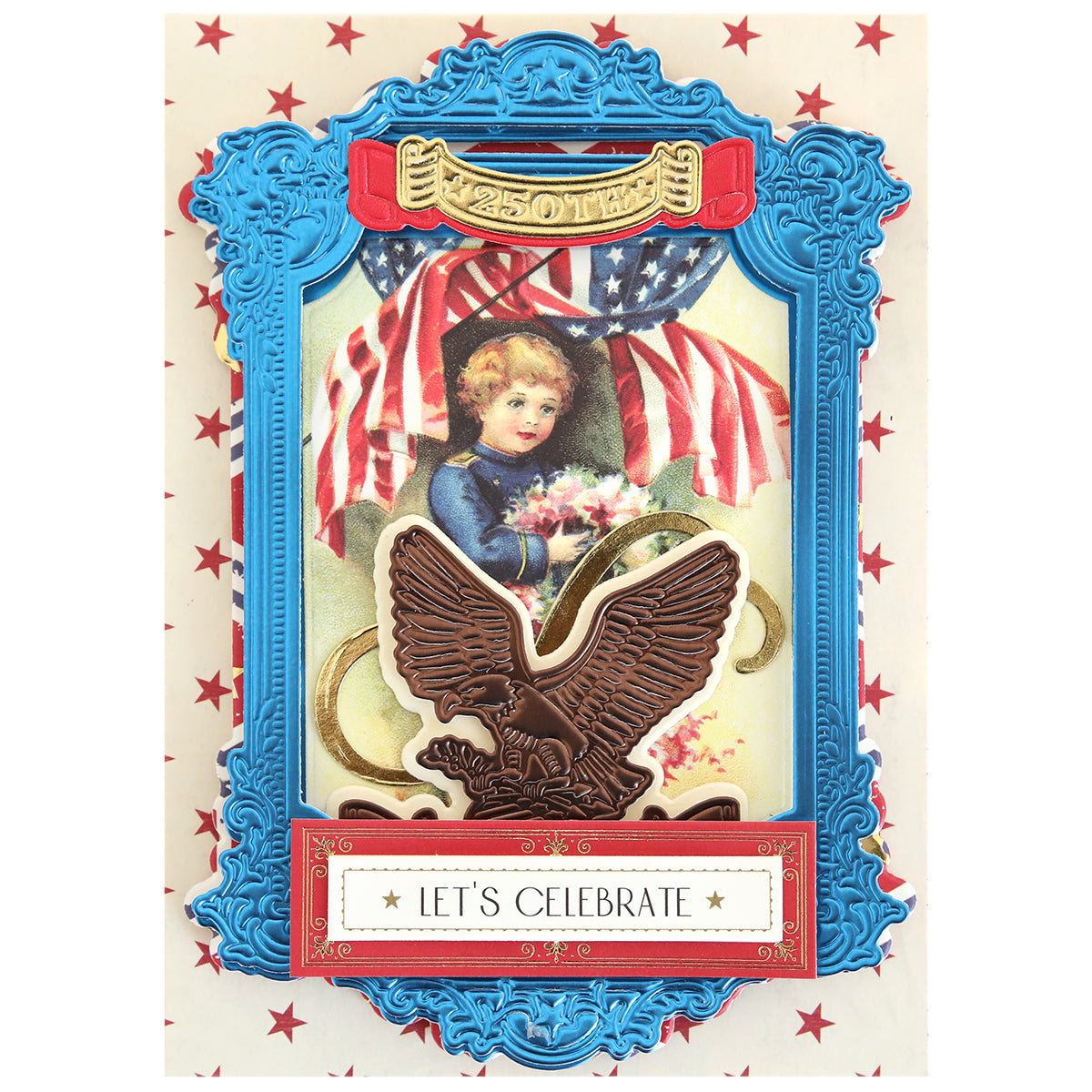 Create charming patriotic paper crafts with the Pretty Patriotic 3D Frame Die Set, featuring vintage-style cards of children holding flowers, American flags, and a raised eagle emblem. “LET’S CELEBRATE” accents the bottom for festive flair.