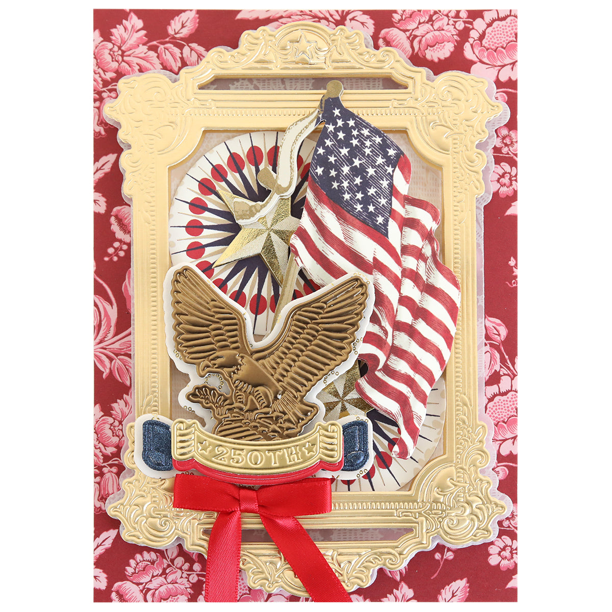 The Pretty Patriotic 3D Frame Die Set features a decorative design with an American flag, gold "250th" eagle emblem, and red ribbon on a floral background—ideal for unique patriotic paper crafts.
