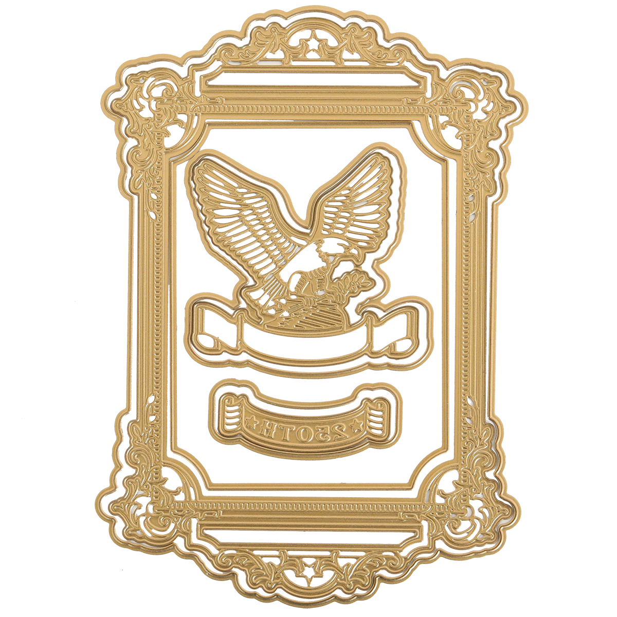The Pretty Patriotic 3D Frame Die Set features an ornate gold eagle frame, with the eagle holding branches above a "MTO39" ribbon on white—ideal for adding a patriotic touch to your paper crafts.