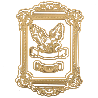 The Pretty Patriotic 3D Frame Die Set features an ornate gold eagle frame, with the eagle holding branches above a "MTO39" ribbon on white—ideal for adding a patriotic touch to your paper crafts.