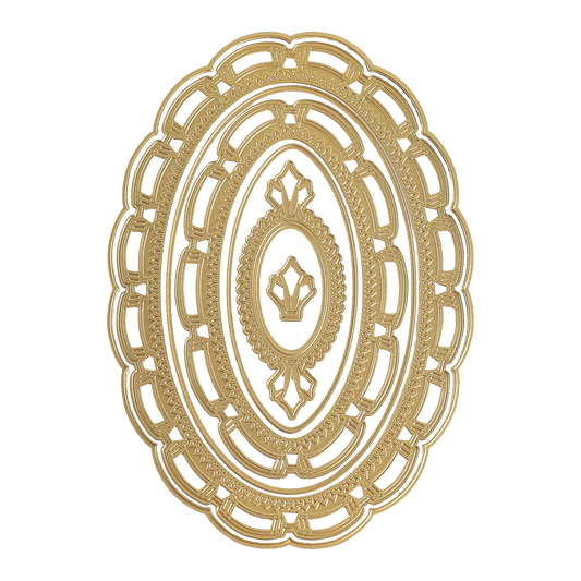 The Fleur De Lis Frame 3D Die Set features an intricately designed gold oval ornament with symmetrical patterns and decorative cutouts, reminiscent of embossing dies and nested oval dies, displayed on a plain white background.