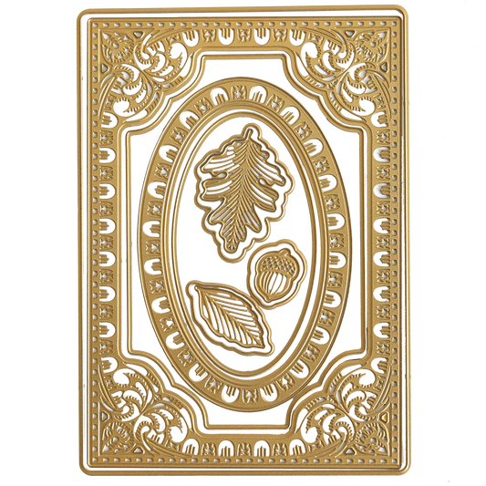 Elevate your autumn paper crafts or Thanksgiving projects with the Harvest Molding 3D Die Set, featuring a gold-toned, rectangular decorative frame adorned with ornate patterns and three embossed designs—an acorn, an oak leaf, and a central leaf. This set brings an elegant seasonal flair to your creative endeavors.