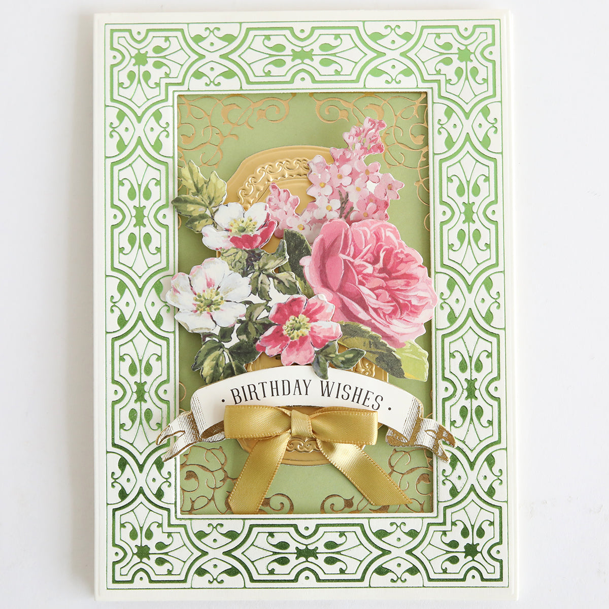 Greeting card printed on luxurious Ivory Coated Cardstock (260 gsm), featuring an ornate green and gold border, floral bouquet artwork, a gold ribbon, and a “Birthday Wishes” banner enhanced with hot foil details.