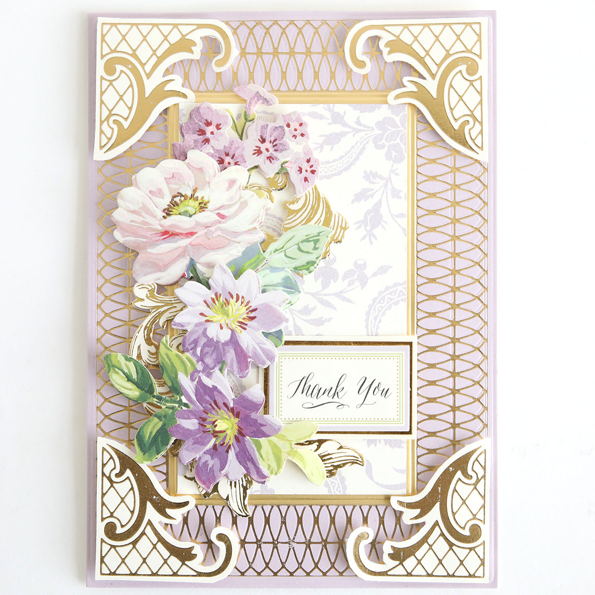A decorative thank you card made from Ivory Coated Cardstock (260 gsm), with gold foil geometric borders, pastel flowers, and a central "Thank You" message.